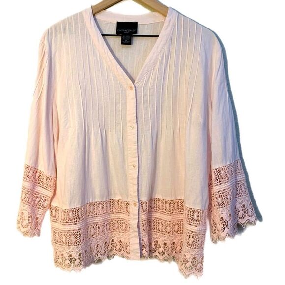 CYNTHIA ROWLEY Crochet Trimmed Sleeve Hem Linen Button Up Women 1X Petal Pink. - Picture 1 of 14